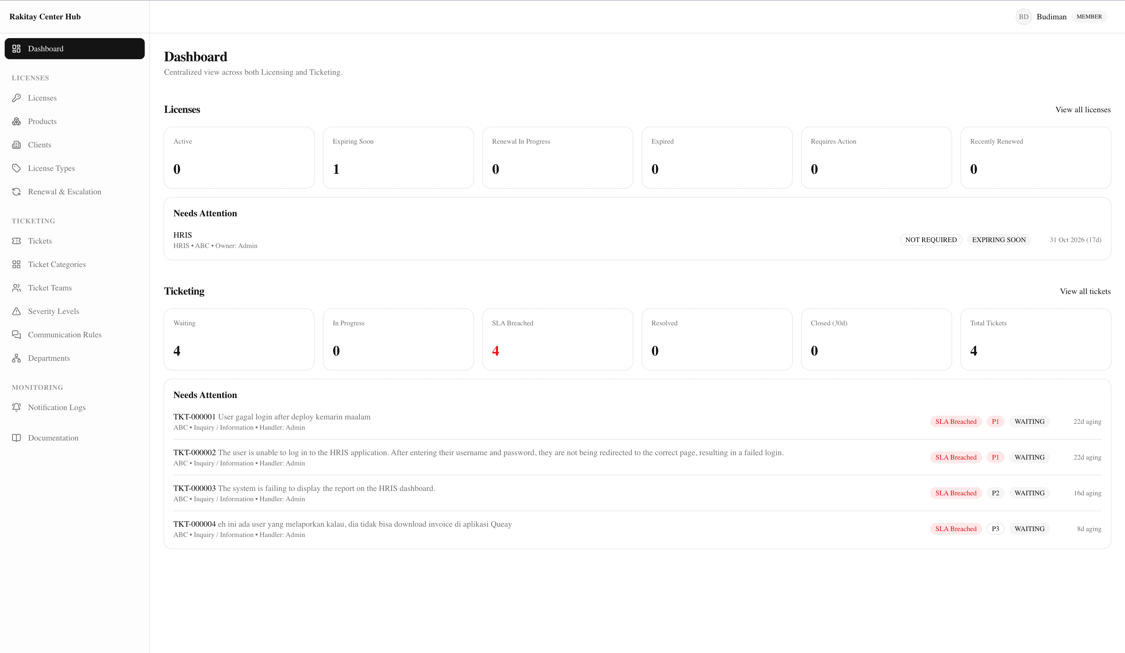 Rakitay Center Hub application interface preview